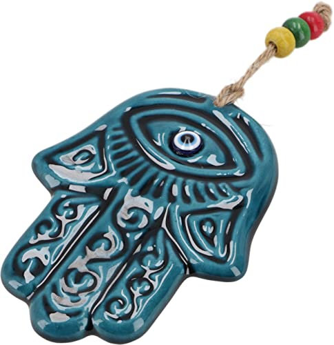 GURU SHOP Keramik Hamsa Hand mit Schutzauge, Boho Wandschmuck - Fatimas Hand, Blau, 11x8x0,5 cm, Masken & Wandschmuck