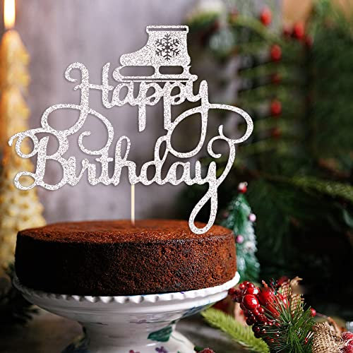 Qertesl Silver Ice Skating Cake Topper,Happy Birthday Sign ，Ice Skating Lover Birthday Cake Decoration，Sports Themed Cake Decorating, Boys & Girls Birthday Party Cake Decorating (silver)