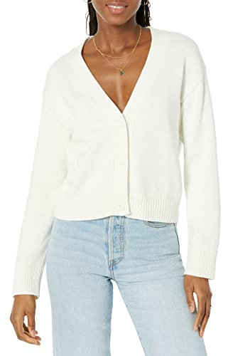Amazon Essentials Women's Relaxed Fit V-Neck Cropped Cardigan, Eggshell White, XS