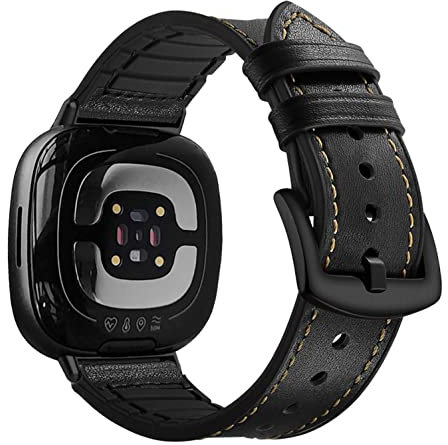 YOOSIDE Echtleder mit Silikonfutter für Fitbit Versa 3 / Versa 4, Lederarmband Weiches Schweißfestes Herren Uhrenarmband mit Edelstahlverschluss Kompatibel mit Fitbit Sense/Sense 2 (Schwarz)
