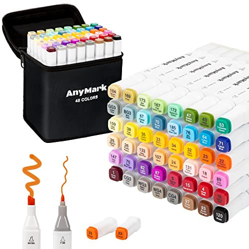 AnyMark 48 Pennarelli ad Alcol con Doppia Punta, Pennarelli a Base di Alcol per Bambini e Adulti per Colorare e Disegnare, Punta a Scalpello e Fine, Corpo Bianco