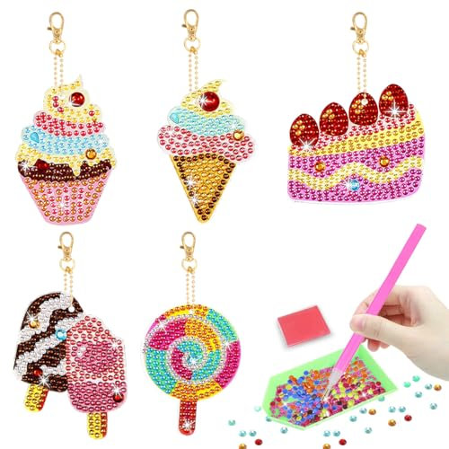 Eiscreme Geformt Diamant Painting Bilder, Diamond Painting Diy-Sticker Bastelset für Kinder ab 6 Jahre, 6 Stück Diamantmalerei-Schlüsselanhänger, Geschenke für Mädchen im Alter von 6–12 Jahren