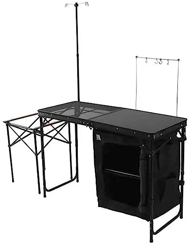 CAULO Camping Kitchen Table, Aluminum Portable Folding Camp Cook Station, Cupboard, Storage Organizer, Carrying Bag, Quick Installation (Black)