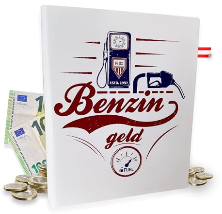 Sparbüchse - Geldgeschenk zum Führerschein - Autoliebhaber Geld Geschenk - handbemalte Sparbüchse - aus Österreich (Benzin Geld) Weiß