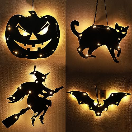 4 Stück Halloween Deko LED, Halloween Muster Acrylplatte mit Licht, Aufhängbar Halloween Fensterlichter, Halloween Scherenschnitt Licht für Fenster, Wände, Türen, Veranden Halloween Dekoration (B)