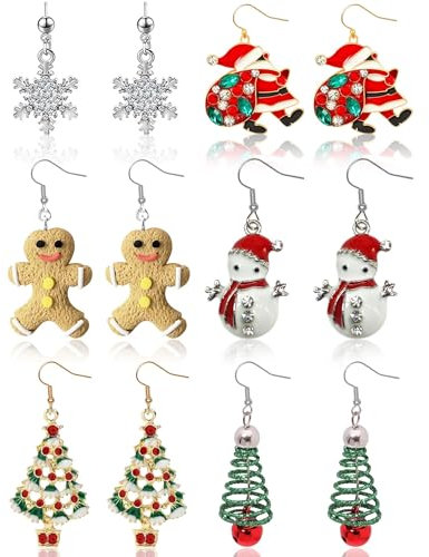 ZNDFTW Christmas Earrings, 6 Pairs Christmas Earrings for Women Snowflake Snowman Earrings Cute Santa Reindeer Xmas Tree Earrings for Women Girls Novelty Christmas Jewelry