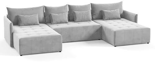 Wohnlandschaft Leno U mit Schlaffunktion - U-Form Couch, Ecksofa mit Bettkasten, Couchgranitur mit Bettfunktion, Schlafsofa, Big Sofa - Velours Stoff (Grau (Paros 05))