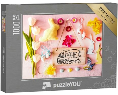 Puzzle 1000 Teile XXL „Ostern, Flat Lay, Kalligraphie, Hasen, Eier, Blumen“ – aus der Puzzle-Kollektion Festtage