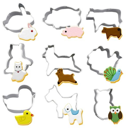 Mini Animals Cookie Cutters,9 Pieces Stainless Steel Cookie Cutter Sets for Baking-Rabbit,Piglet,Calf,Cat,Pony,Peacock,Duck,Owl