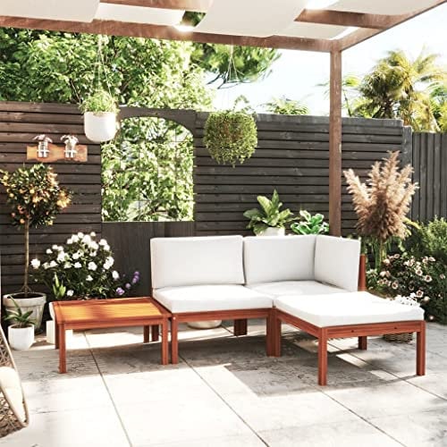 Willood 4-TLG. Gartenmöbel Set Garten Terrasse Balkonmöbel Sofa Bank Gartenset Sitzgarnitur Mittelsofa Ecksofa Garten Lounge Set mit Kissen Cremeweiß Massivholz Akazie