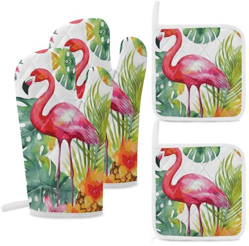 Lot de 4 gants de cuisine et maniques résistants à la chaleur - Gants de cuisine et coussinets chauds - Aquarelle tropicale - Ananas Flamant rose - Maniques antidérapantes et imperméables pour la