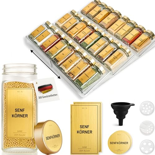 Greeano® Gewürzgläser mit Regal [24 x 120ml] inkl. 300 Gewürzetiketten [DE] - Gewürzregal mit Gläsern - Gewürz Organizer Schublade - Gewürzregal Schublade mit Gläsern Gewurzregalsystem Gold