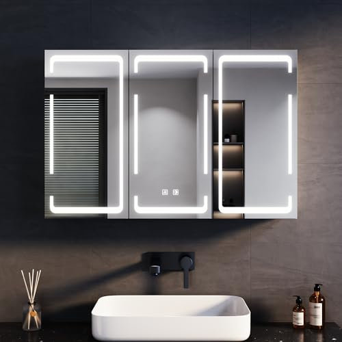 SONNI Armario Baño Espejo con Iluminación LED, Mueble Espejo Baño LED Antivaho Regulable en 3 Colores, Armario con Espejo de 3 Puertas con Bisagra Inalámbrica 90x60x14cm