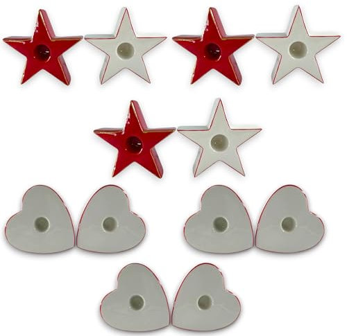 Set 12x Porta Candela a Forma di Cuore e Stella Natale, Segnaposto in ceramica per candele stelo, Bomboniera per cenone Capodanno, Feste, Christmas, Decorazione 11 x 11 x 3 cm assortite Bianco Rosso
