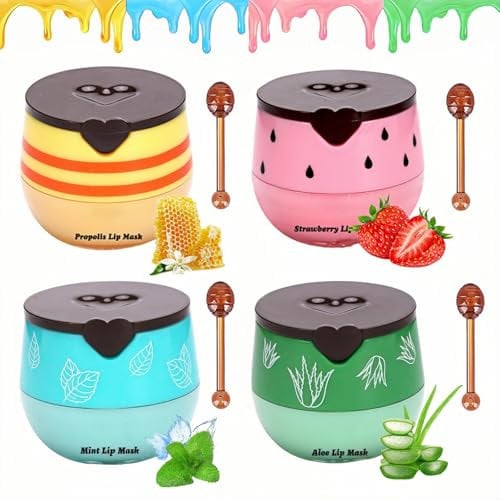 DOOCECIY 4 Pcs Honey Lip Balm, Bee Lips Balm Honey Pot for Dry Chapped Peeling Cracked