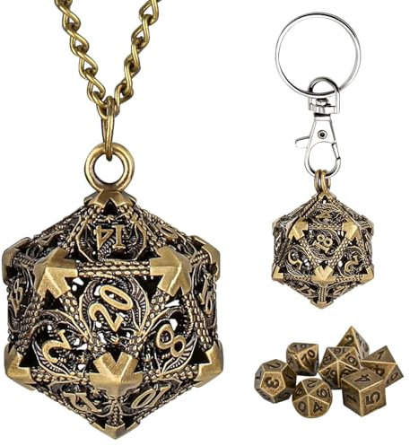 Hshenjhu Mini Set di Dadi DND con Portachiavi Portatile, Collana, Mini Set Poliédrici in Metallo da 7 Pezzi, Gabbia Metallica Vuota D20 Drago, Accessori per Giochi da Tavolo di Ruolo, Bronzo