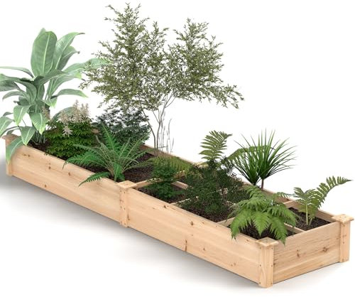 HOMASIS Huerto de Madera Elevado Cuadrado, Jardinera Exterior con 2 contenedores y separadores para Flores, Verduras, Frutas, Hierbas aromáticas para terraza, balcón, 228x62x25cm, Natural