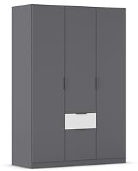 Rauch Möbel Glasgow Drehtürenschrank, Kleiderschrank, Schrank, Garderobe, 3-türig, 2 Schubladen, Farbe Grau metallic/Weiß, Schwarz, Griffprofil Grau metallic, 136x197x54cm