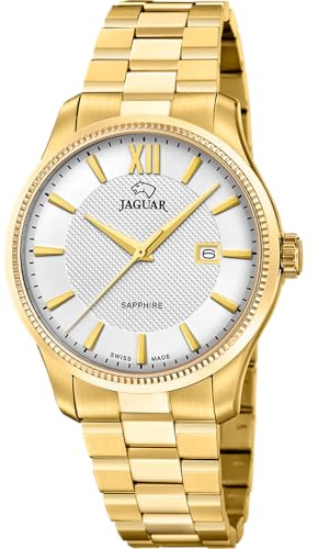 JAGUAR Swiss Made Herrenuhr Analog aus Edelstahl 316l Goldfarben | Quarzwerk, Kalender, Widerstandsfähiges Saphirglas, Wasserdicht 5 ATM J1044/1 Essentia