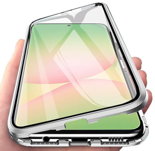 Orgsty Hülle für Samsung Galaxy A56 5G, Magnetische Hartglas Hülle mit Vorderseite und Rückseite, Metallrahmen Case mit Eingebaut Magnet, Ultra Dünn 360 Grad Handyhülle, Grau
