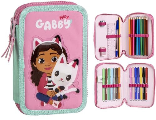 CERDÁ LIFE'S LITTLE MOMENTS Gabby's Dollhouse - Astuccio con accessori, con pennarelli, matite e penne, astuccio per bambini completo