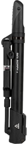Topeak Mini Morph G (TMM-2GB) - Kompakte Minipumpe mit Inline-Gauge - 140 PSI / 9,6 Bar - Presta-, Schrader- & Dunlop-kompatibel - Ausklappbares Fußpolster & Flexibler Schlauch - Inklusive Halterung