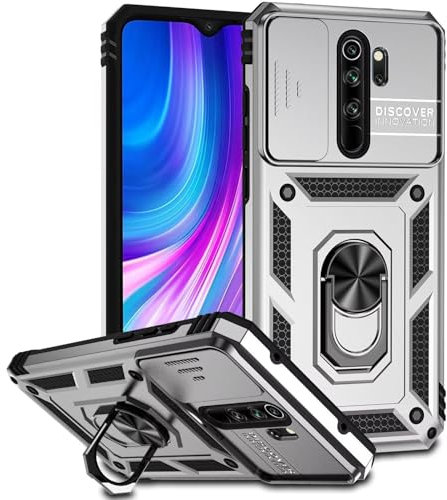 Funda para Xiaomi Redmi Note 8 Pro, 360 Grado Antigolpe Carcasa Capa Doble Case, con Cubierta Deslizante de la Cámara, Soporte Giratorio de 360 ° y Funda Protectora TPU de Silicona - Plata