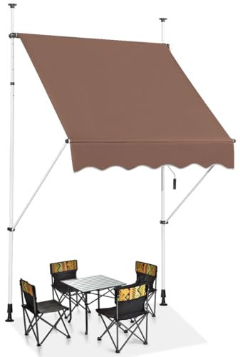 COSTWAY Klemmmarkise 150 cm breit, Balkonmarkise ohne Bohren, UV-beständig, höhenverstellbar, wasserabweisend, Markise mit Handkurbel, Sonnenmarkise, Sonnenschutz für Balkon (Braun)