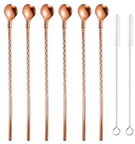 8PCS Cocktail Stirrers & Spoon Straws, Rose Gold Set | Stainless Steel, Stirring & Sipping, 6 Spoon Straws + 2 Brushes, 21.7cm, Rose Gold, for Coffee, Tea And Cocktails