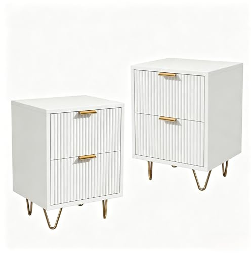 Nachttisch 2er Set, Nachttisch Schmal Weiß Mit 2 Schubladen, Nachtkommode Mit Goldenen Metallbeinen Und Griffen, Moderner Nachtschrank Beistelltisch Kommode Schrank Für Schlafzimmer Wohnzimmer (Weiß)
