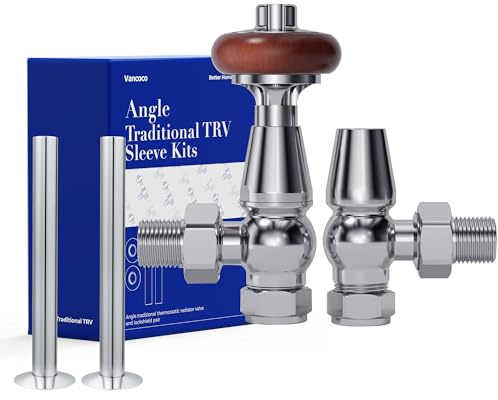 VANCOCO Traditional Chrome Angled Radiator Valves 1/2×15mm + 130mm×15mm Radiator Pipe, Brass Thermostatic Radiator Valve, Cast Iron Antique Thermostat TRV Pair with Solid Wood Handwheel