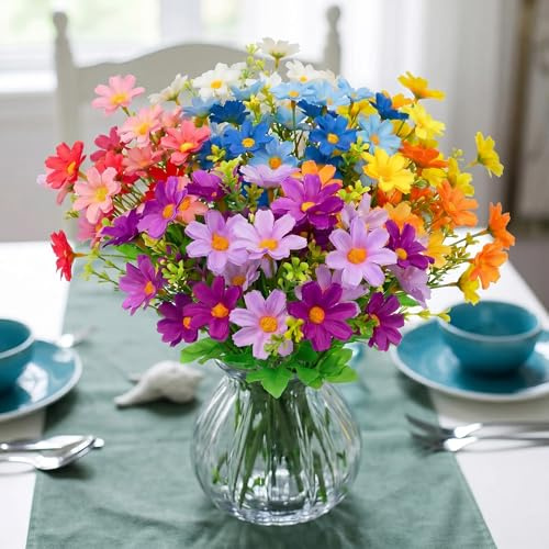 Woltoy Künstliche Blumen 9 Stück Künstliche Frühling Balkonpflanzen und Innen, Gänseblümchen in 8 Farben, Bunte Plastikblumen Dekoration für Kleine Vasen und Tischdekoration Gräber und Garten