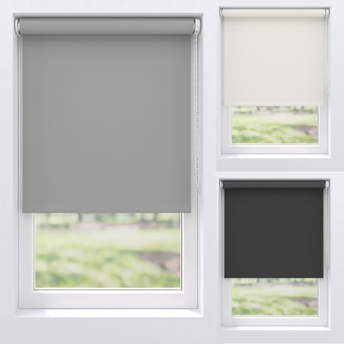 Verdunklungsrollo & Tageslichtrollo 150 x 190 cm Grau, Rollo mit Kettenzug Metallträger Montage Bohren Wand Decke Seitenzugrollo Verdunkelungsrollo Blickdicht Sonnenschutz für Fenster Tür