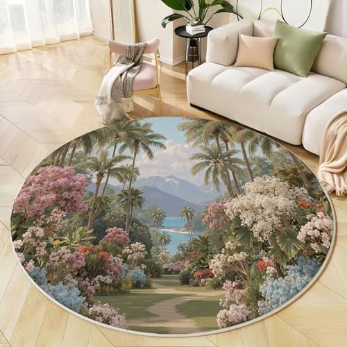 Retro Jungle Rund Teppich Waschbarer, 160cm Rutschfest Runder Carpet Hoch Aufragende Palmen Und Üppiges Laub Kurzflor Weich Kreis Teppich for Wohnzimmer Schlafzimmer Studie Heimbüro, Salbeigrün