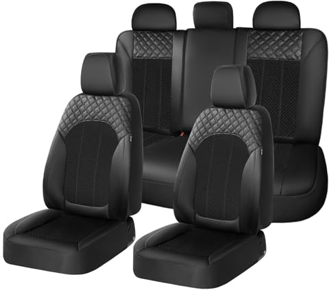 FLORICH Autositzbezüge Komplettset Vordersitzbezüge, PU Leder Air-Mesh Sitzbezüge Atmungsaktiver Sitzschutz Innenbezüge Universell Passend für die Meisten PKWs, SUVs (Komplettset, Schwarz)