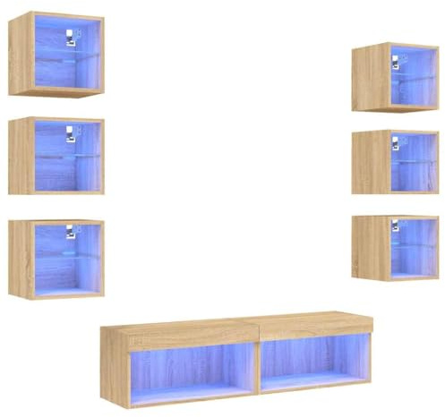 Yisssmeng LED TV Wohnwand Sonoma Eiche 8 teilig Wandschrank Set mit RGB Glasfront 30/60 cm Breit Modernes Lowboard für Wohnzimmer Schlafzimmer Büro