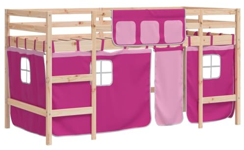 mtlskopl Hochbett 80x200 cm Rosa mit Vorhang Kiefer Massivholz Einzelbett Jugendbett für Kinder ab 6 Jahren mit Leiter & Stauraum unter dem Bett