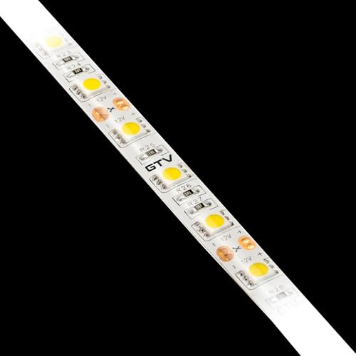 GTV LED Streifen 5m Rolle FLASH 5050, 300 LEDs (60m), IP65 Wassergeschützt, Dimmbar, 12V, 72W Gesamtleistung, 10mm Breit, Lichtband für Küche Möbel, Warmweiß 3200K