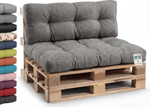 Gutekissen® Palettenkissen Cord, Gartensofakissen, Gesteppte Kissen gefüllt mit granuliertem Poulirette-Schaum PPI (Set (Sitzkissen 120x80 +Rückenlehne 120x40), Dunkelgrau-Cord)