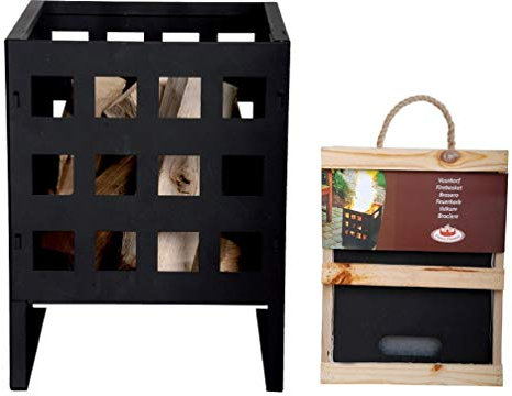 Fallen Fruits Black Metal Square Fire Pit Basket Garden Heater & Firewood Box