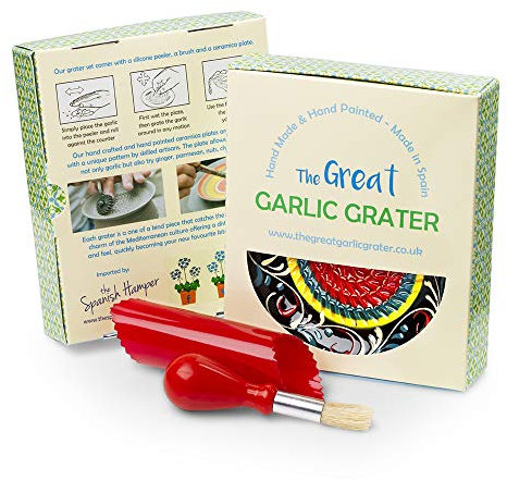 Garlic Grater Plate Set with Brush and Peeler. (#Ref 9). Handmade and Hand Painted in Cordoba, Spain. Blue with Yellow, Blue and red Circles. Flamingo Pattern.