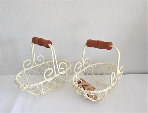 2 Stück Minidrahtkorb Drahtkorb klein mit Holzgriff 12 cm hoch Körbchen Metall creme Landhaus Vintage