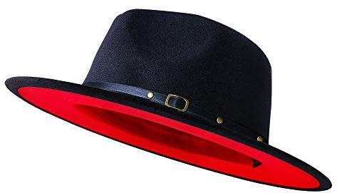 XINBONG Fedora-Hut für Herren und Damen, mit breiter Krempe, mit Gürtelschnalle, zweifarbiger Filz, Schwarz und Rot - Schwarz - Medium