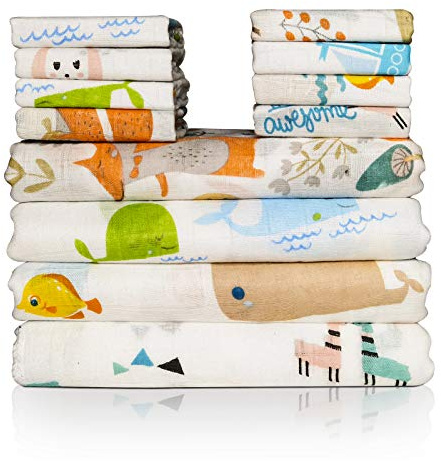 Omilion Baby Swaddle Blanket and Washcloths Set,12 Pieces Muslin Cotton Baby Swaddle Wrap and Wash Cloths Unisex for Boys and Girls, 4 Pack for 40 x 40 Inches and 8 Pack for 8 x 10 Inches