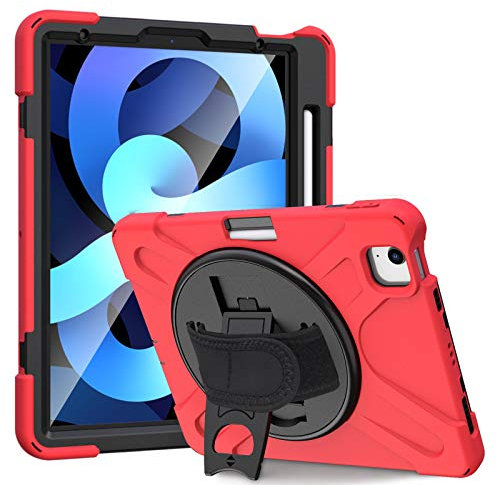 Coque pour iPad Air 4 Case 10.9 inch 2020, Robuste Résistant Cover Norme Test Militaire Coque,Dragonne et Bandoulière,3 Couches Rigide Étui avec Support,Red