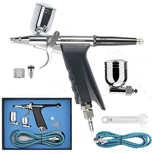 Uouteo Gravity Feed Airbrush Trigger Gun Kit Air Brush Spray Gun with 0.3mm Needles & Air Hose for Tattoo Makeup Nail Art Hobby Painting