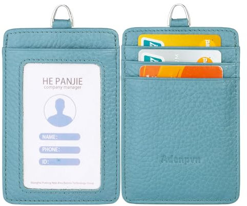 Porta badge in vera pelle con cordino, morbido, porta carte d'identità, fino a 20 colori e grani tra cui scegliere, scomparti per carte di credito, custodia verticale per badge