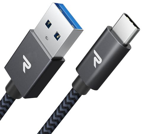 RAMPOW Cavo USB Type-C 2M, Cavo USB C 3A, Cavo iphone 15, USB A a USB C Ricarica Rapida QC 3.0 Nylon per iPhone 15/15 Pro/iPad Pro/Air, Samsung S22/S21, Xiaomi, Huawei, OnePlus - Grigio