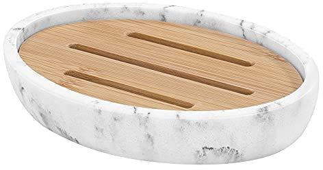 Luxspire Seifenschale mit Bambushalter, Glänzend und Elegant Ovaler Seifenhalter aus Harz, Schnell Trocknend Seifenbox Seifenablage Gehäuse für Küche, Bad, Dusche - Kies Weiß