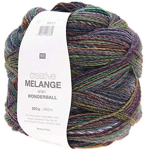 Rico Creative Melange Aran Wonderball Fabe 12, Farbverlaufswolle Nadelstärke 5 mm zum Stricken oder Häkeln, Wolle 200g Knäuel